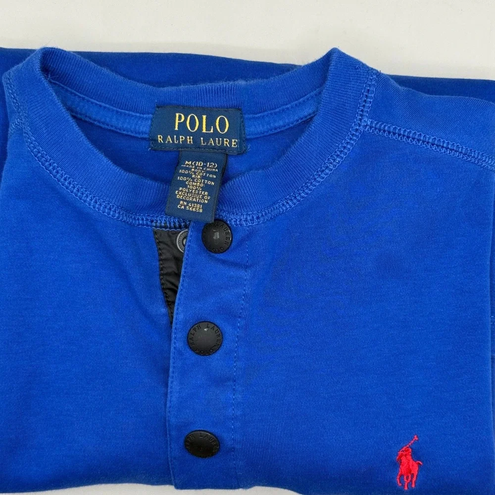 Polo Ralph Lauren Boys Royal Blue Henley Shirt Long Sleeve Elbow Patches M 10-12 - Picture 5 of 6